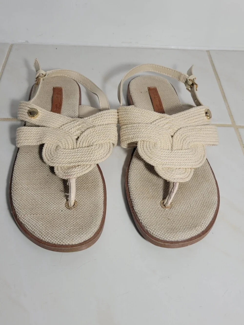 Nautica Cream Knotted Rope T-Strap Sandals Women, Size 8